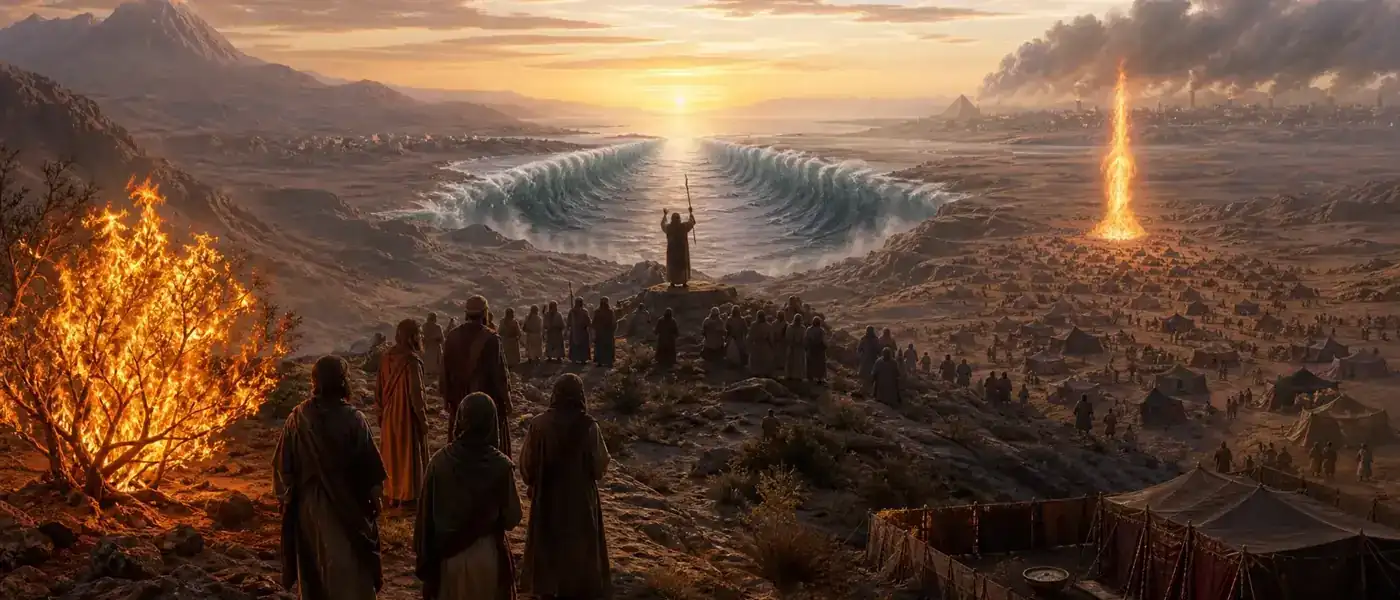 Moses at the parted Red Sea, the burning bush and the pillar of fire at sunset