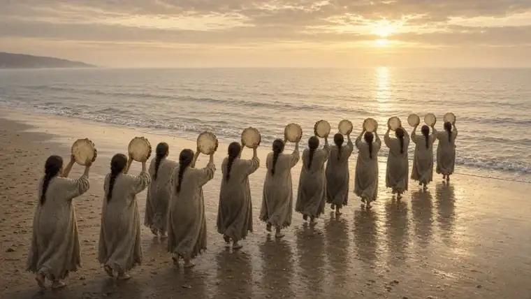 Miriam and the women with timbrels by the sea