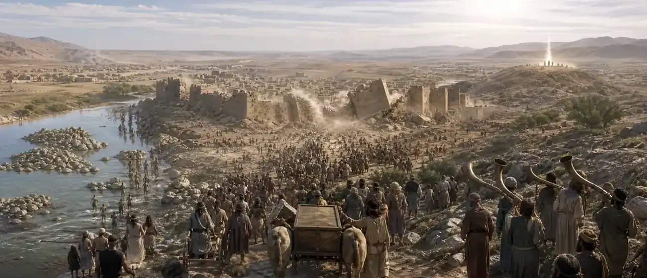 The Jordan crossed and the walls of Jericho falling