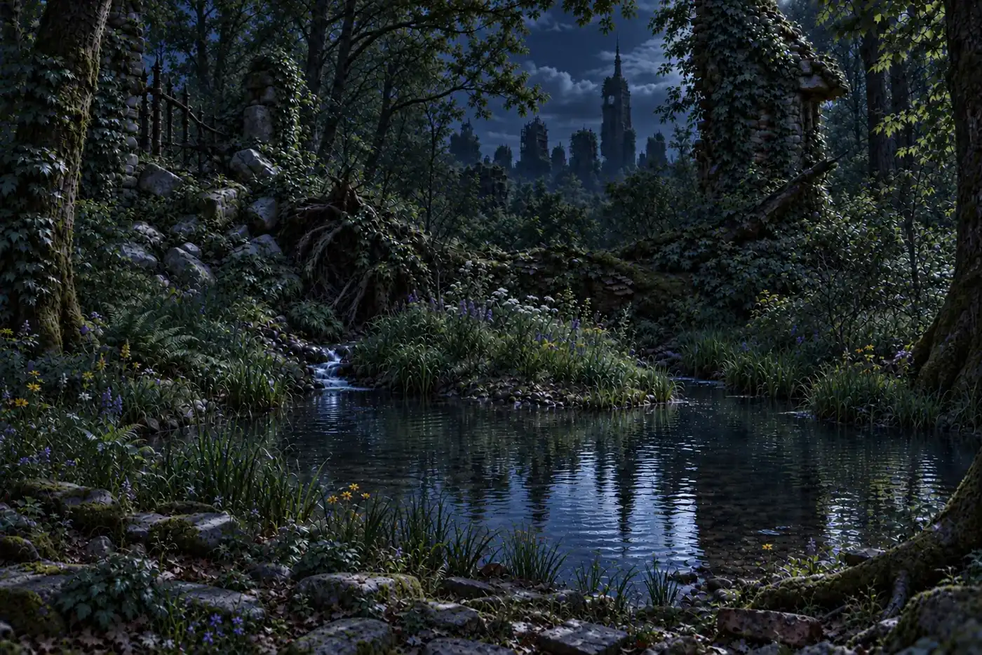 Night in a woodland grown over the ruins of New York, from a Reconstruction Beats film