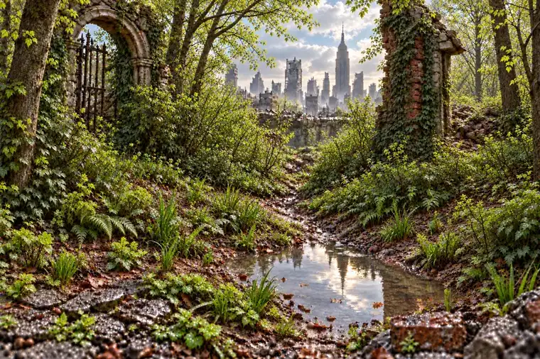 Spring returning to a ruined New York, from a Reconstruction Beats film