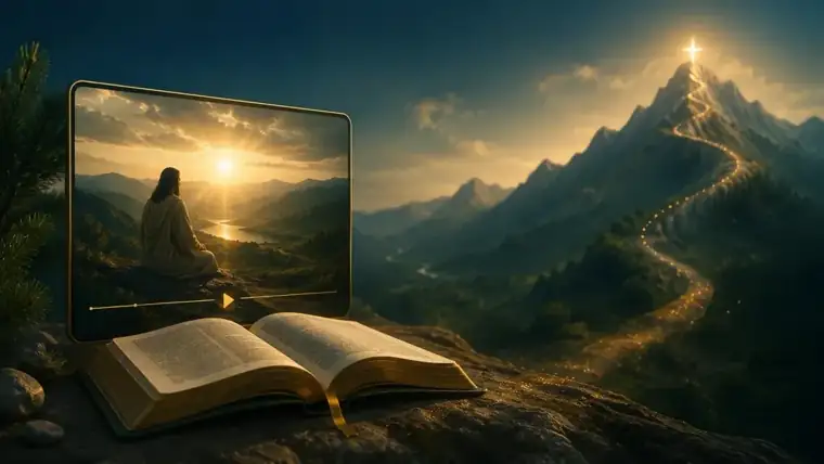 A mountain path toward the sunrise beside an open Bible